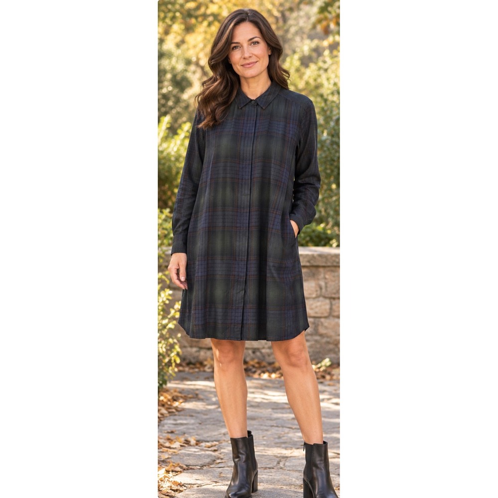 Hatch Plaid Shirt Dress Dark Green Blue Long Sleeve Mini Pockets Size 0